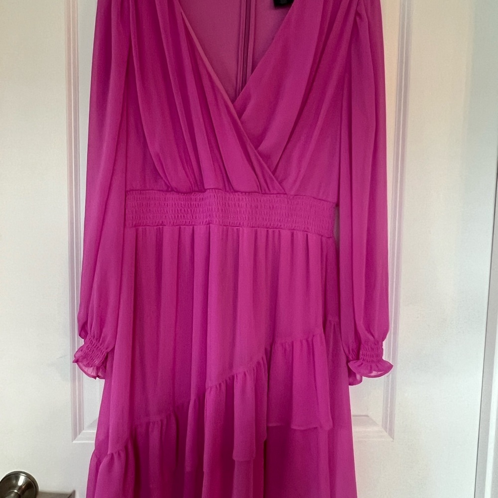 DKNY Women's Long Sleeve V-Neck Smocked Waist Solid Chiffon Fit and Flare Dress